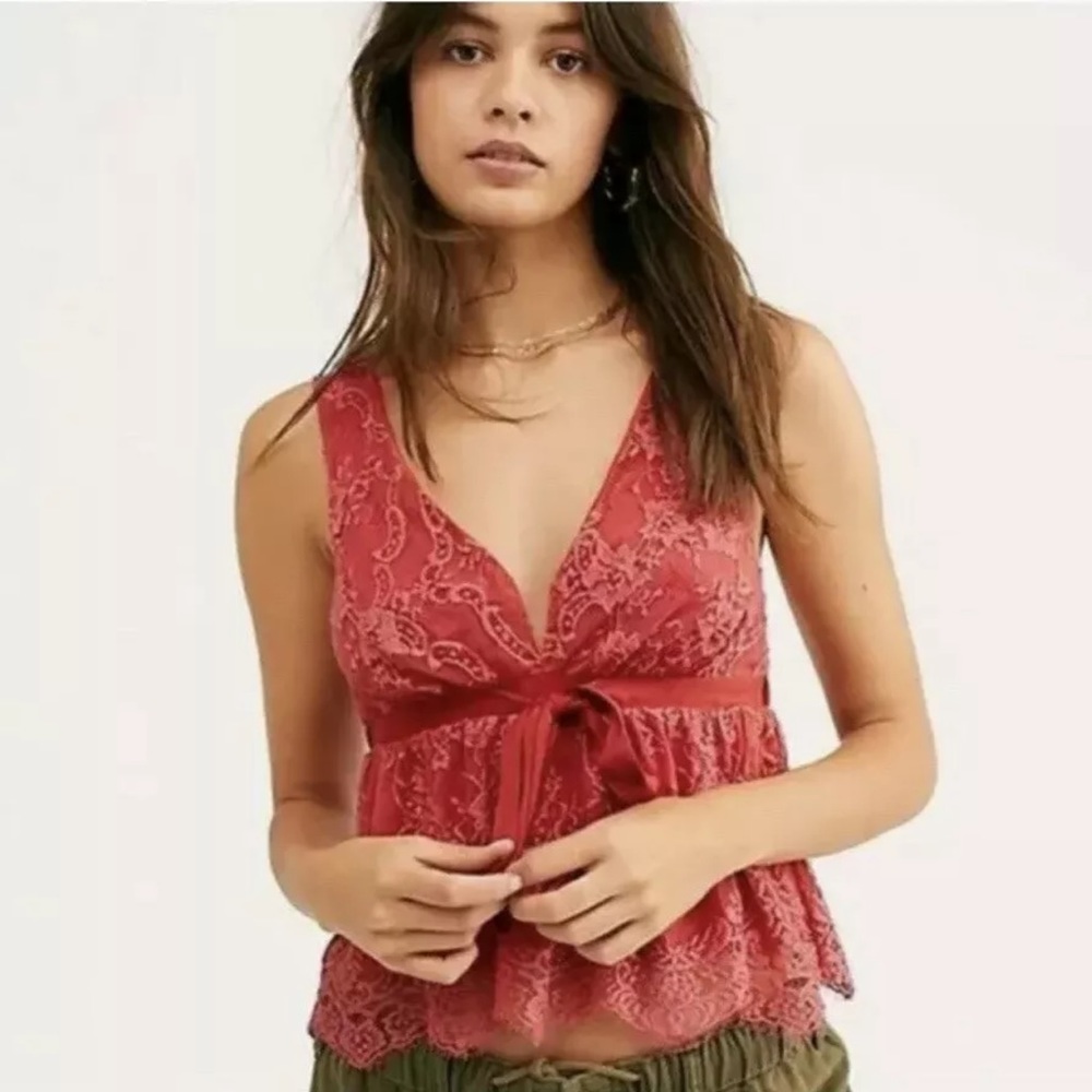 FREE PEOPLE Chantel Lace Tank Top Coral S EUC